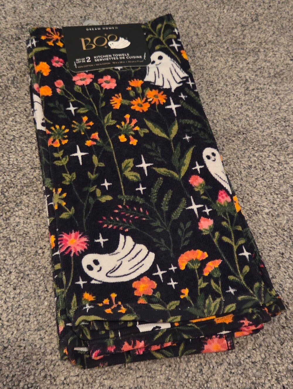 Black Floral & Ghost Print Halloween Kitchen Towels Set Of 2